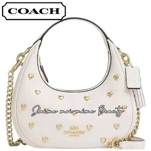 Coach Valentine's 2026 Cream and Gold Heart-studded Carmen Shoulder Bag